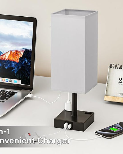 Touch Bedside Table Lamp For Nightstand - 3-Way Dimmable Night Lamp with USB A + Type C Charging Ports and two AC Outlets, Small Desk Light with E26 LED Bulb for Bedroom Living Room Office, Grey Black - LeafyLoom