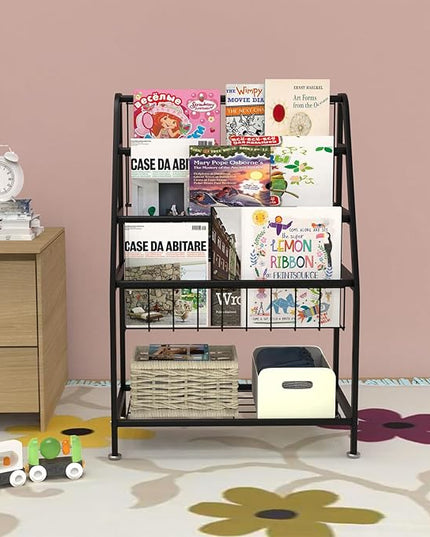 Kids Bookshelf Freestanding for Children Room 18 Inches Black Metal Bookcase Large Capacity Books Toys Organizer Stable 5 Tiers Kids Book Rack for Playroom Bookstore Library. - LeafyLoom