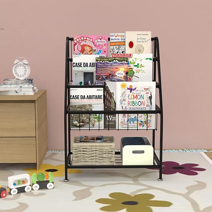 Kids Bookshelf Freestanding for Children Room 18 Inches Black Metal Bookcase Large Capacity Books Toys Organizer Stable 5 Tiers Kids Book Rack for Playroom Bookstore Library. - LeafyLoom