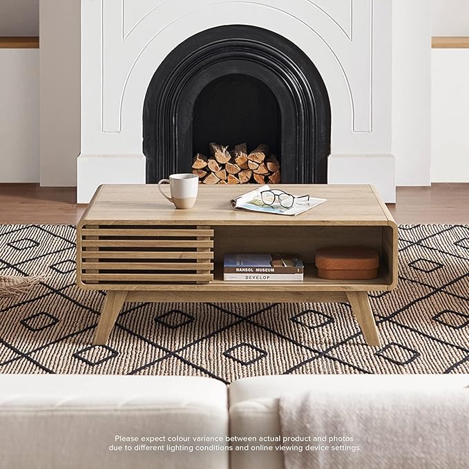mopio Ensley Coffee Table, Mid Century Modern Table with Storage, Farmhouse Wood Coffee Table for Living Room Fluted (Oak) - LeafyLoom