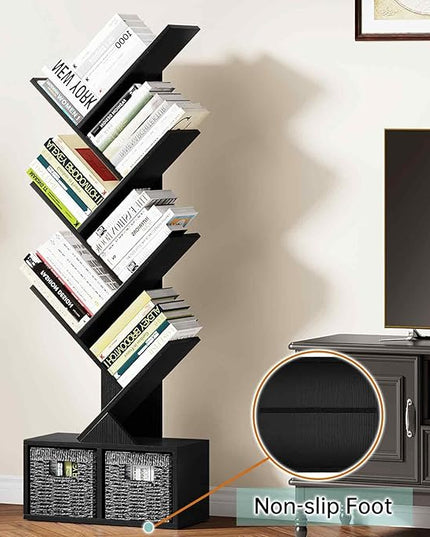Vagusicc 6 Tier Tree Bookshelf - Modern Shelf Floor Standing Bookcase with Baskets, Tall Wood Book Storage Rack for Books/CDs, Tree Utility Book Organizer Shelves for Living Room, Home Office, Bedroom - LeafyLoom