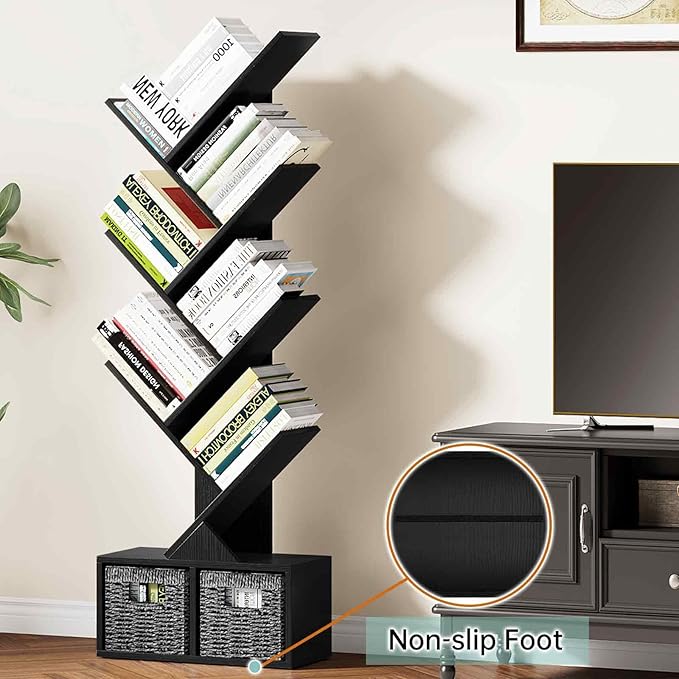 Vagusicc 6 Tier Tree Bookshelf - Modern Shelf Floor Standing Bookcase with Baskets, Tall Wood Book Storage Rack for Books/CDs, Tree Utility Book Organizer Shelves for Living Room, Home Office, Bedroom - LeafyLoom