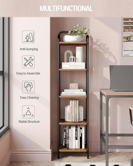 Bookcase Bookshelf, Narrow Book Shelf, Industrial Coner Shelf Storage Organizer, Slim Shelving Unit for Home Office, Living Room, Bedroom, Kitchen, 5-Tier Rustic Brown BC24501B - LeafyLoom