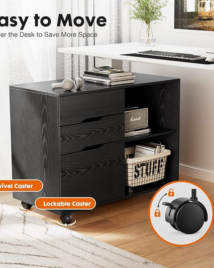 Sweetcrispy 3 Drawer File Cabinet Organizer Lateral Printer Stand Rolling Desk with Adjustable Storage Shelves for Office Home Small Space, Black Wood - LeafyLoom
