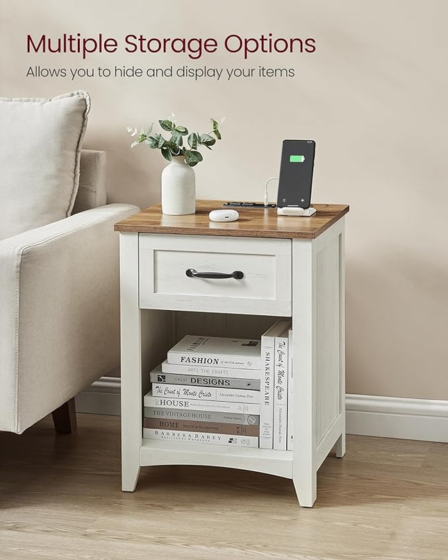 VASAGLE Farmhouse Nightstand with Charging Station, Bedside Table with Drawer, Open Compartment, Side Table with Storage, for Bedroom, Rustic White and Honey Brown ULET659K41 - LeafyLoom