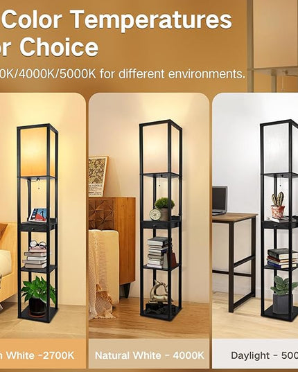 OUTON Floor Lamp with Shelves, 1 Drawer, 2 USB-C Ports, 2 AC Outlets, LED Modern Floor Lamp with 3 Color Temperature, Storage Display Wood Standing Lamp for Living Room, Bedroom, Office (Black) - LeafyLoom