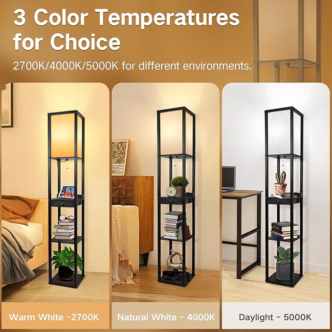 OUTON Floor Lamp with Shelves, 1 Drawer, 2 USB-C Ports, 2 AC Outlets, LED Modern Floor Lamp with 3 Color Temperature, Storage Display Wood Standing Lamp for Living Room, Bedroom, Office (Black) - LeafyLoom