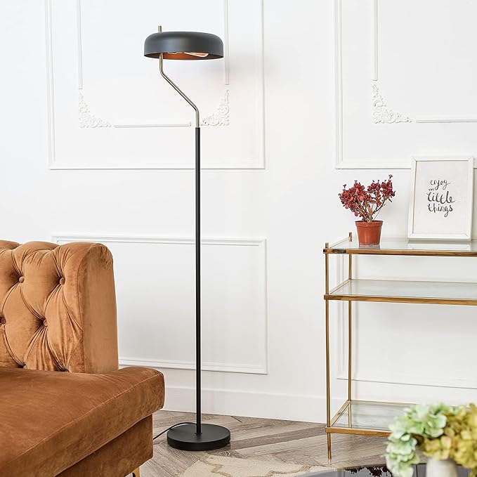 Globe Electric 67506 Powell 63" Floor Lamp, Matte Black, Antique Brass Accent, Stepless Rotary Dimmer Switch on Socket - LeafyLoom