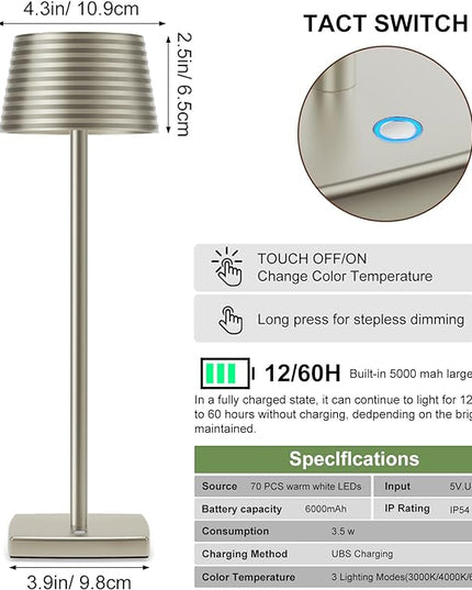 Rechargeable Cordless Table Lamp, Battery 6000mAh Metal Aluminum Housing USB LED Portable Powered Desk Lamp, 3 Levels Brightness Night Light for Restaurants Bars Outdoor (Silver) - LeafyLoom
