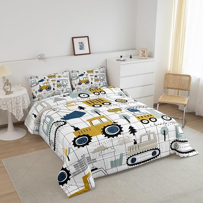 Feelyou Construction Comforter Set Queen Size Kids Excavator Tractor Toddler Comforter Cartoon Car Equipment Trucks Plaid Grid Comforter Set Construction Vehicles WhiteDuvet Set Quilt Set - LeafyLoom