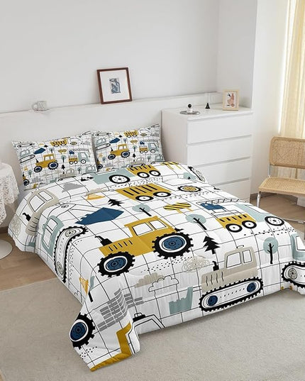 Feelyou Construction Comforter Set Twin Size Kids Excavator Tractor Toddler Comforter Cartoon Car Equipment Trucks Plaid Grid Comforter Set Construction Vehicles WhiteDuvet Set Quilt Set - LeafyLoom