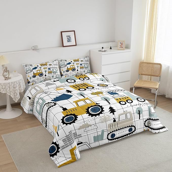 Feelyou Construction Comforter Set Full Size Kids Excavator Tractor Toddler Comforter Cartoon Car Equipment Trucks Plaid Grid Comforter Set Construction Vehicles WhiteDuvet Set Quilt Set - LeafyLoom