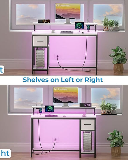 GreenForest Computer Desk with Drawers 39 inch,Gaming Desk with LED Lights & Power Outlets Small Desk with Monitor Stand and Reversible Shelf,White - LeafyLoom