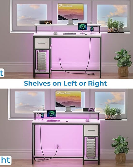 GreenForest Computer Desk with Drawers 47 inch,Gaming Desk with LED Lights & Power Outlets Small Desk with Monitor Stand and Reversible Shelf,White - LeafyLoom