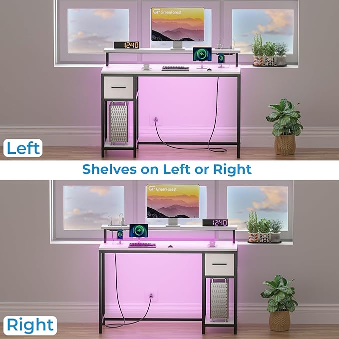 GreenForest Computer Desk with Drawers 47 inch,Gaming Desk with LED Lights & Power Outlets Small Desk with Monitor Stand and Reversible Shelf,White - LeafyLoom