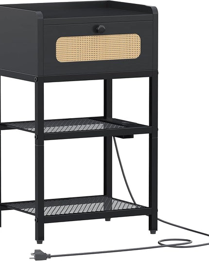 Night Stand, Side Table with Rattan Drawer, Nightstand with Charging Station, Industrial Bedside Table with 3-Tier Storage, Black JET003CB1 - LeafyLoom