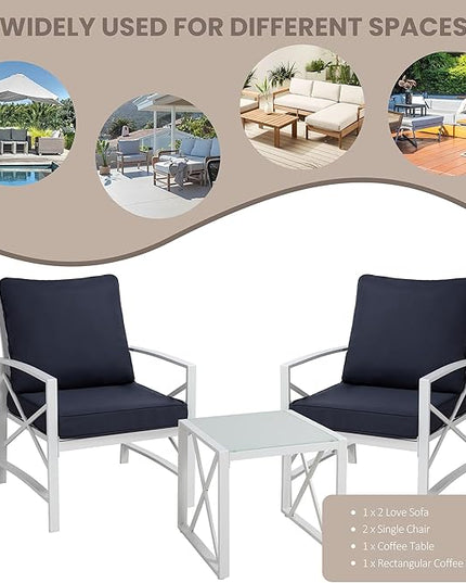 Shintenchi 3 Piece White Metal Outdoor Furniture Sectional Set, Modern Outdoor Metal Chair Conversation Furniture Set with Coffee Table for Patio,Backyard,Balcony (Dark Blue) - LeafyLoom