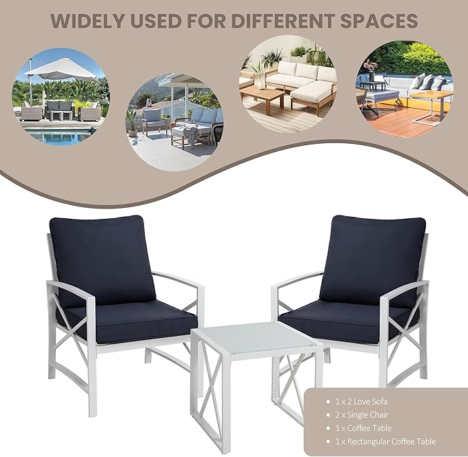 Shintenchi 3 Piece White Metal Outdoor Furniture Sectional Set, Modern Outdoor Metal Chair Conversation Furniture Set with Coffee Table for Patio,Backyard,Balcony (Dark Blue) - LeafyLoom