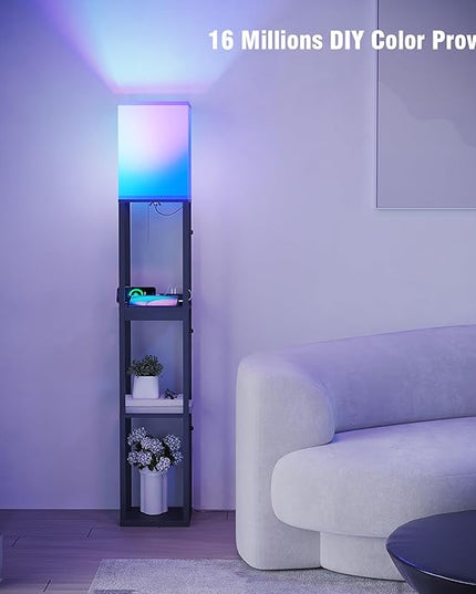 SUNMORY Floor Lamp with Shelves, RGB Light Dimmable Standing Lamp with APP Control, Tall Shelf Lamp for Living Room and Bedroom, Home Decor (Black) - LeafyLoom