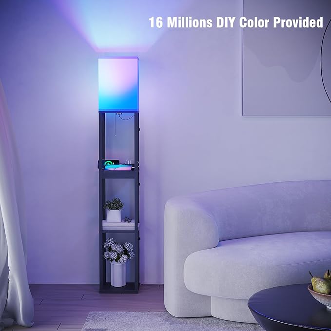 SUNMORY Floor Lamp with Shelves, RGB Light Dimmable Standing Lamp with APP Control, Tall Shelf Lamp for Living Room and Bedroom, Home Decor (Black) - LeafyLoom