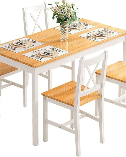 sogesfurniture 5-Piece Dining Table Set, Pine Wood Kitchen Table with 4 Chairs,Indoor Modern Rectangular Dining Table Furniture Set for Kitchen, Dining Room, Dinette, Breakfast Nook, Oak&White - LeafyLoom
