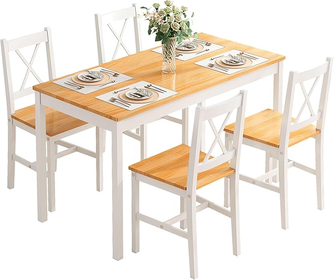 sogesfurniture 5-Piece Dining Table Set, Pine Wood Kitchen Table with 4 Chairs,Indoor Modern Rectangular Dining Table Furniture Set for Kitchen, Dining Room, Dinette, Breakfast Nook, Oak&White - LeafyLoom