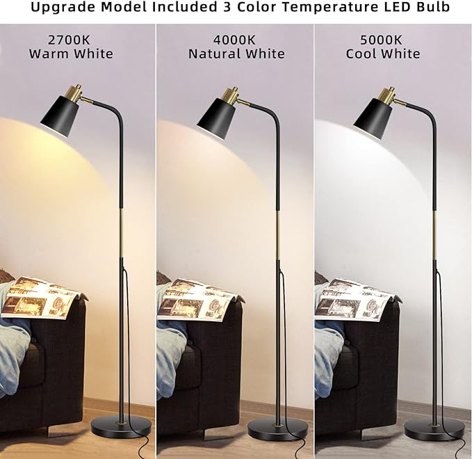 Floor Lamp, Dimmable Floor Lamps for Living Rooms & Bedrooms, Farmhouse Reading Lamp - Standing, Adjustable Metal Heads Indoor Task Lighting for Living Room Bedroom Office Home Décor (Black-01) - LeafyLoom
