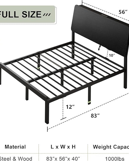 Feonase Full Size Bed Frame with Ergonomic Storage Headboard & Charging Station, LED Platform Bed Frame, Heavy Duty Metal Slats, No Box Spring Needed, Easy Assembly, Black - LeafyLoom