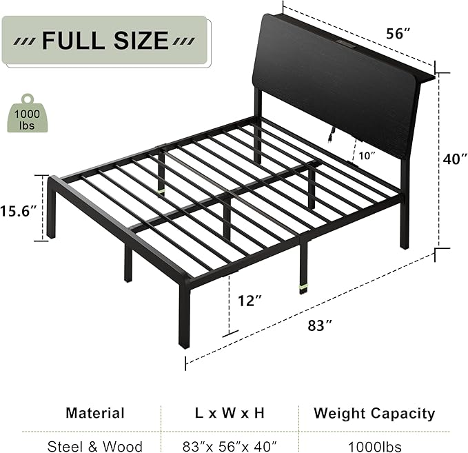 Feonase Full Size Bed Frame with Ergonomic Storage Headboard & Charging Station, LED Platform Bed Frame, Heavy Duty Metal Slats, No Box Spring Needed, Easy Assembly, Black - LeafyLoom