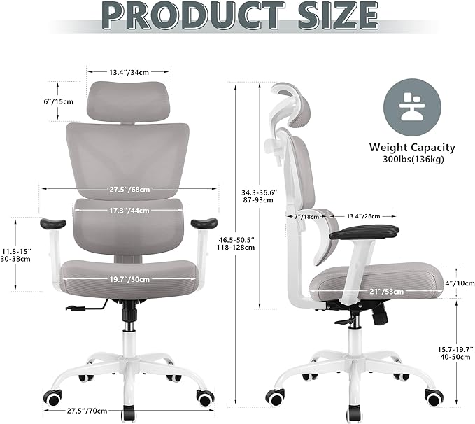 Office Chair Ergonomic Desk Chair, High Back Gaming Chair, Big and Tall Reclining chair Comfy Home Office Desk Chair Lumbar Support Breathable Mesh Computer Chair Adjustable Armrests (Gray) - LeafyLoom
