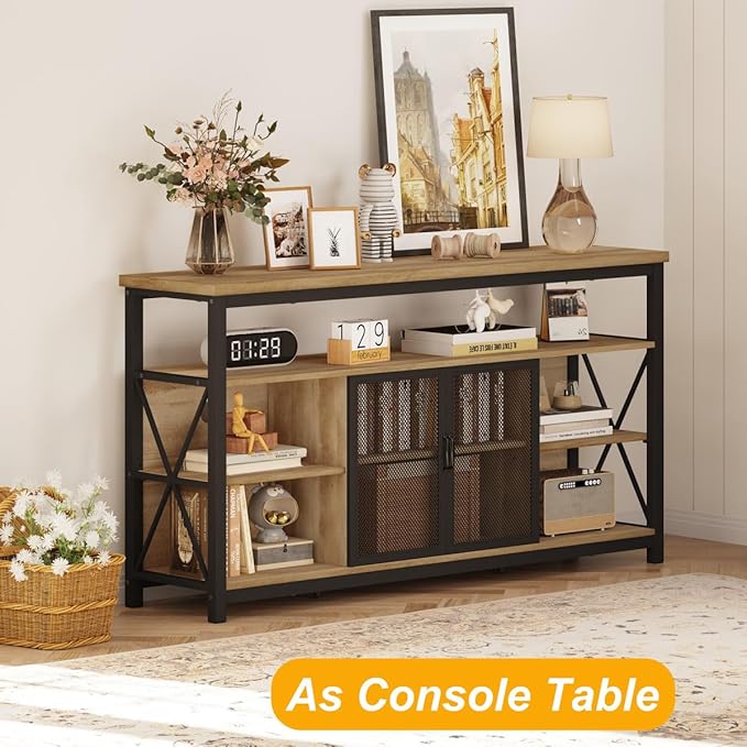 BON AUGURE Tall TV Stand for 55 65 Inch TV, Wood Entertainment Center with Storage Cabinet, Industrial Farmhouse TV Console for Living Room and Bedroom (32 Inch High, Vintage Oak) - LeafyLoom