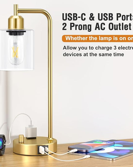 Industrial Table Lamps for Bedroom Set of 2 - Fully Dimmable Bedside Lamps with USB Ports and Outlet, Gold Nightstand Lamps with Clear Glass Shade for Living Room, Desk Lamps for Office Reading - LeafyLoom
