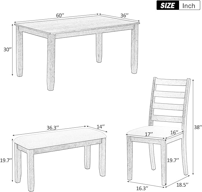 Kitchen Table and Chairs for 6, Rustic Style Dining Table Set, 6-Piece Rectangular Kitchen Table and 4 Upholstered Chairs & Bench for Dining Room, Living Room and Kitchen, Brown + Whitewash - LeafyLoom
