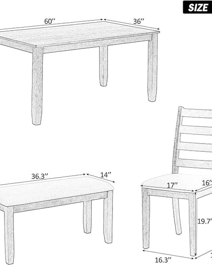 Rustic 6-Piece Dining Table Set with 4 Ergonomic Designed Upholstered Chairs and Bench for Home, Apartment, DiningRoom, Dinette, Solid Wood Kitchen Furniture, 60 inch, Brown + Whitewash - LeafyLoom