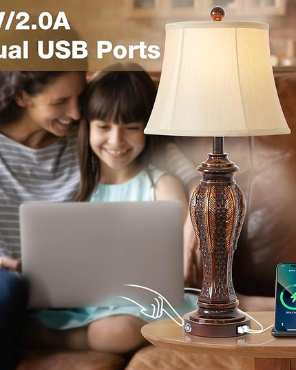 27.5''Tall Bedroom Lamps Set of 2,Rustic Farmhouse Table Lamps for Living Room,3-Way Dimmable Touch Bedside Lamps with 2-USB Charging Ports for Nightstand (Retro Bronze) - LeafyLoom
