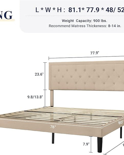 Allewie King Size Platform Bed Frame/Fabric Upholstered Bed Frame with Diamond Button Tufted Headboard/Adjustable Headboard/Wood Slat Support/Mattress Foundation/Beige (King) - LeafyLoom