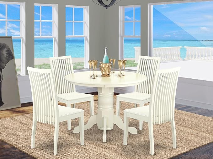 East West Furniture SHIP5-LWH-W 5 Piece Room Set Includes a Round Wooden Table with Pedestal and 4 Kitchen Dining Chairs, 42x42 Inch - LeafyLoom