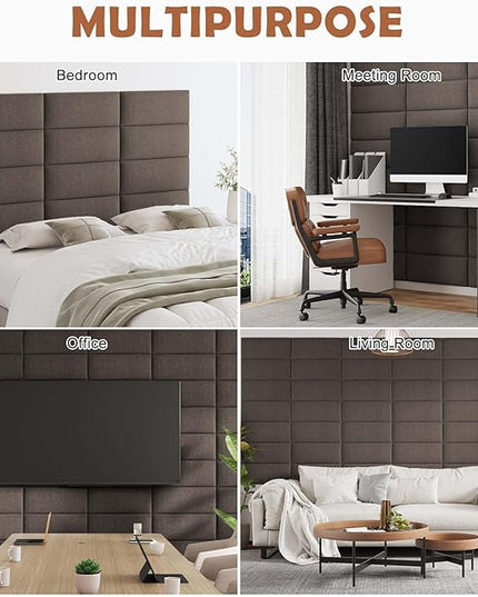 Upholstered Wall Mounted Headboard, 3D Soundproof Wall Panels Peel and Stick Headboard for King Size, Reusable and Removable Tufted Bed Headboard in Brown(12 Panels, 10" x 24") - LeafyLoom