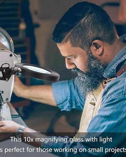 Magnifying Glass with Light and Stand, 10X Magnifying Lamp, 2-in-1 LED Lighted Desk Magnifier with Light, Craft Light Lamp with 3 Color Modes for Close Work Reading Repair Crafts - LeafyLoom