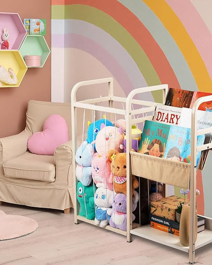 Trycooling Stuffed Animal Storage with Kids Bookshelf Book and Toy Organizer for Kids 3-Tier Bookshelf Organize Books with Elastic Cord Stuffed Animal Holder for Plushie Toys, for Kids Room, Playroom - LeafyLoom