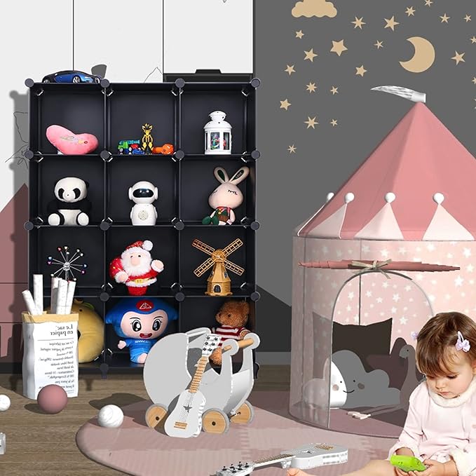 ANWBROAD Cube Storage Organizer 12-Cube DIY Closet Storage Cabinet Book Shelf Kids Organizers and Storage for Bedroom Closet Organizer Cubby Shelving Plastic Office Living Room Black ULCS012B - LeafyLoom