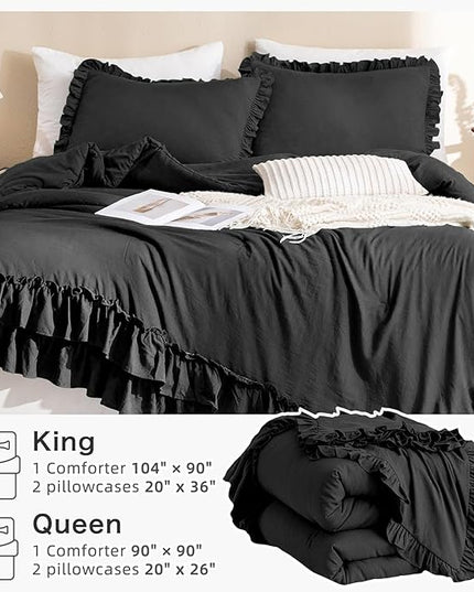 Black Ruffled Comforter Set Queen,Farmhouse Shabby Boho Chic Bedding,Ultra Soft Fluffy Ruffle Bed Comforter Set 3-Piece (1 Ruffle Comforter+2 Pillow Shams) - LeafyLoom