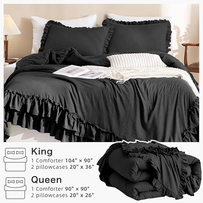 Black Ruffled Comforter Set Queen,Farmhouse Shabby Boho Chic Bedding,Ultra Soft Fluffy Ruffle Bed Comforter Set 3-Piece (1 Ruffle Comforter+2 Pillow Shams) - LeafyLoom