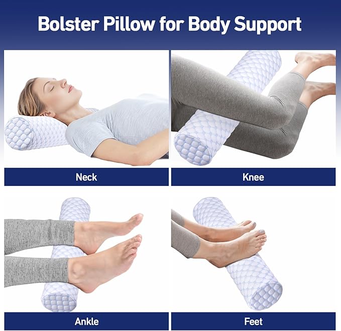 Neck Roll Pillow - Cooling Neck Roll Pillow for Sleeping - Cervical Neck Roll Pillow for Neck Support - Memory Foam Memory Foam Round Cylinder Bolster Pillow for Bed, Couch, Yoga (Blue) - LeafyLoom