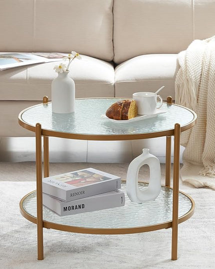 VINGLI 25.6" Small Matte Gold Round Coffee Table Water-wave Glass Circle Clear Coffee Table, Center Table with 2-Tier Modern Storage Design for Living Room, Bedroom, Meeting Room, Balcony, Patio - LeafyLoom