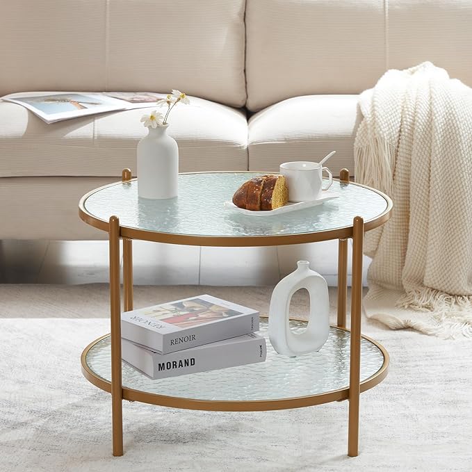 VINGLI 25.6" Small Matte Gold Round Coffee Table Water-wave Glass Circle Clear Coffee Table, Center Table with 2-Tier Modern Storage Design for Living Room, Bedroom, Meeting Room, Balcony, Patio - LeafyLoom