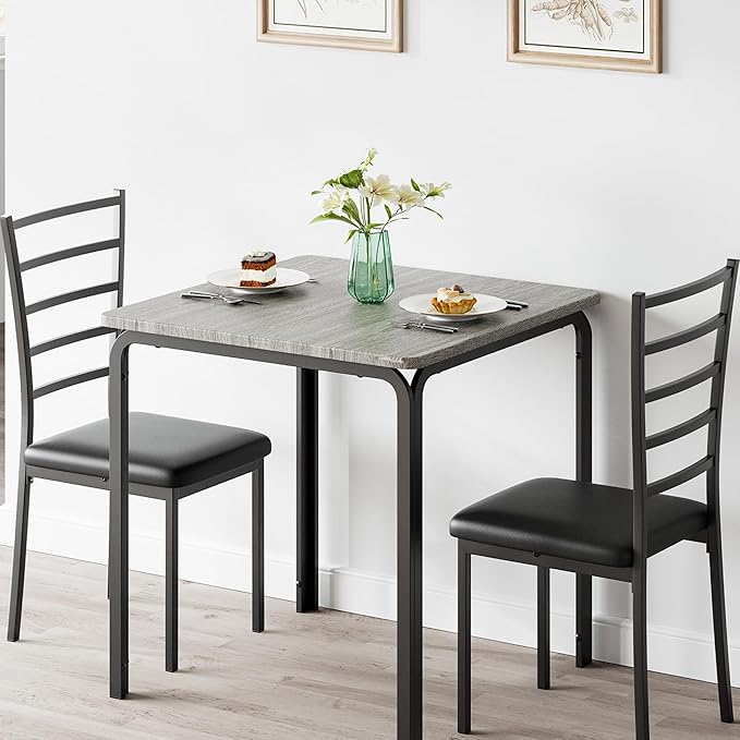 IDEALHOUSE Dining Table for 2, Small Table and Chairs Set of 2, Dinette Set for 2, Square Dinner Table Set, 3 Piece Kitchen & Dining Room Sets for Small Space (Grey, Dining Table with 2Chairs) - LeafyLoom
