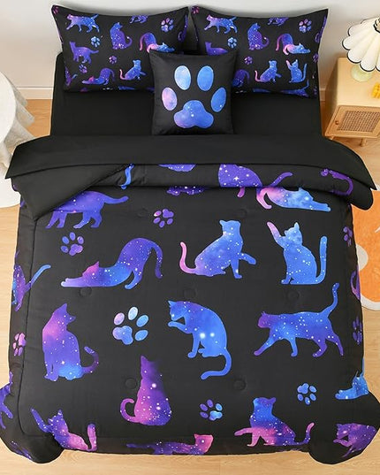 DORCAS Full Size Comforter Sets with Sheets for Girls Kids Cute Cat Full Size Bedding Sets 6 Pieces Bed-in-A-Bag for Girls Teens Kids - LeafyLoom