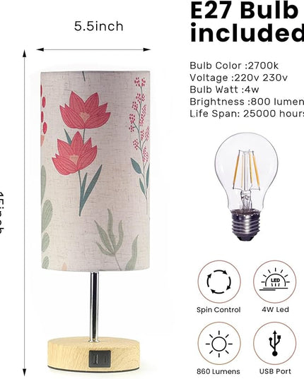 Touch Control Desk Lamp with 2 USB Ports, 3-Way Dimmable Bedside Lamp for Bedroom, Nightstand Lamp with Round Flower Fabric Shade for Living Room, Home Office (White-double) - LeafyLoom