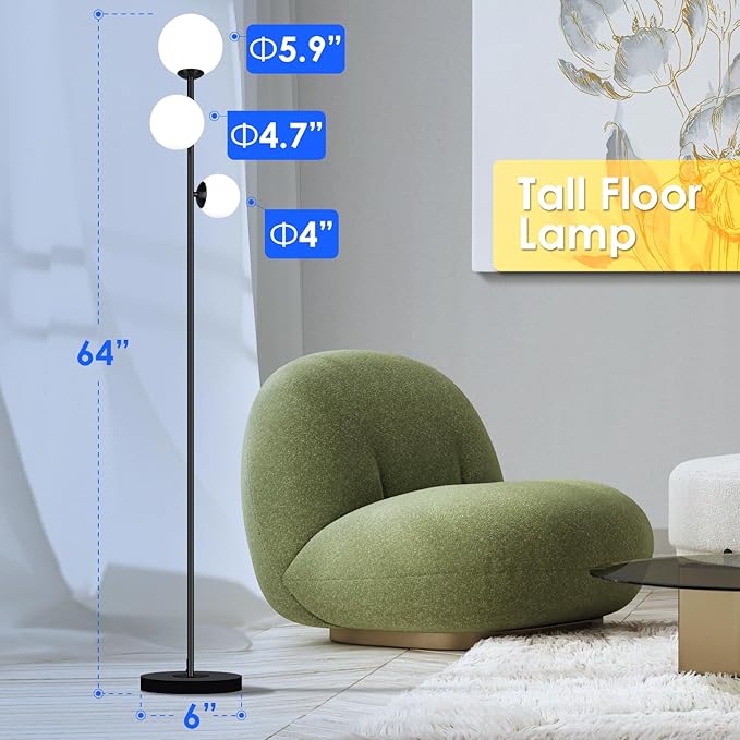 3 Globe Vintage Floor Lamp - 3 Color Options Moderm Floor Lamps for Living Room, Mid Century Standing lamp Home Decor for Bedrooms Office(Matte Black, LED Bulbs Included) - LeafyLoom